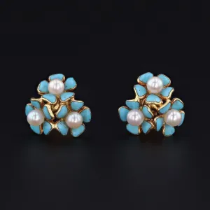 Vintage Enamel Forget-Me-Not Conversion Earrings of 14k Gold