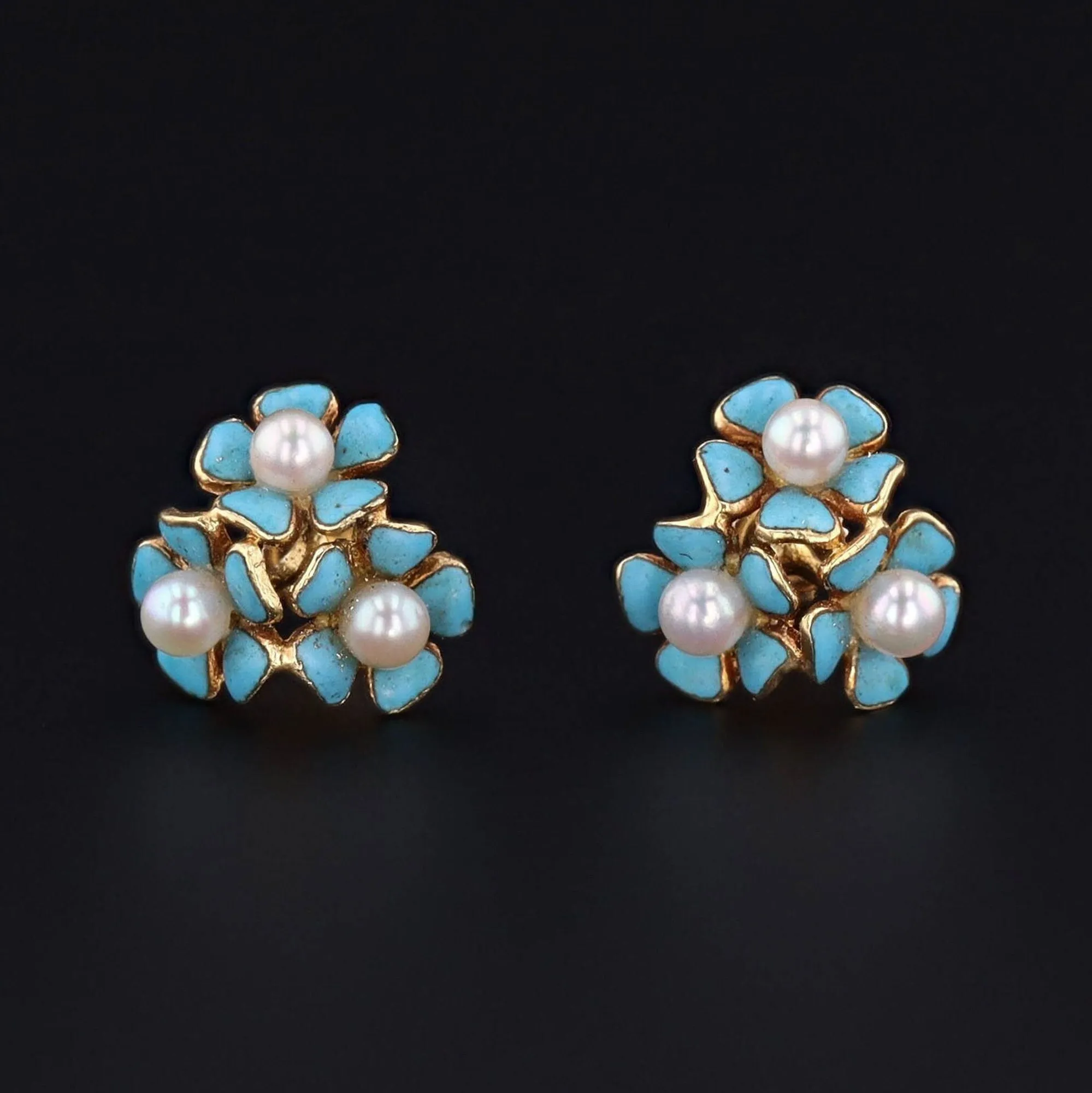 Vintage Enamel Forget-Me-Not Conversion Earrings of 14k Gold