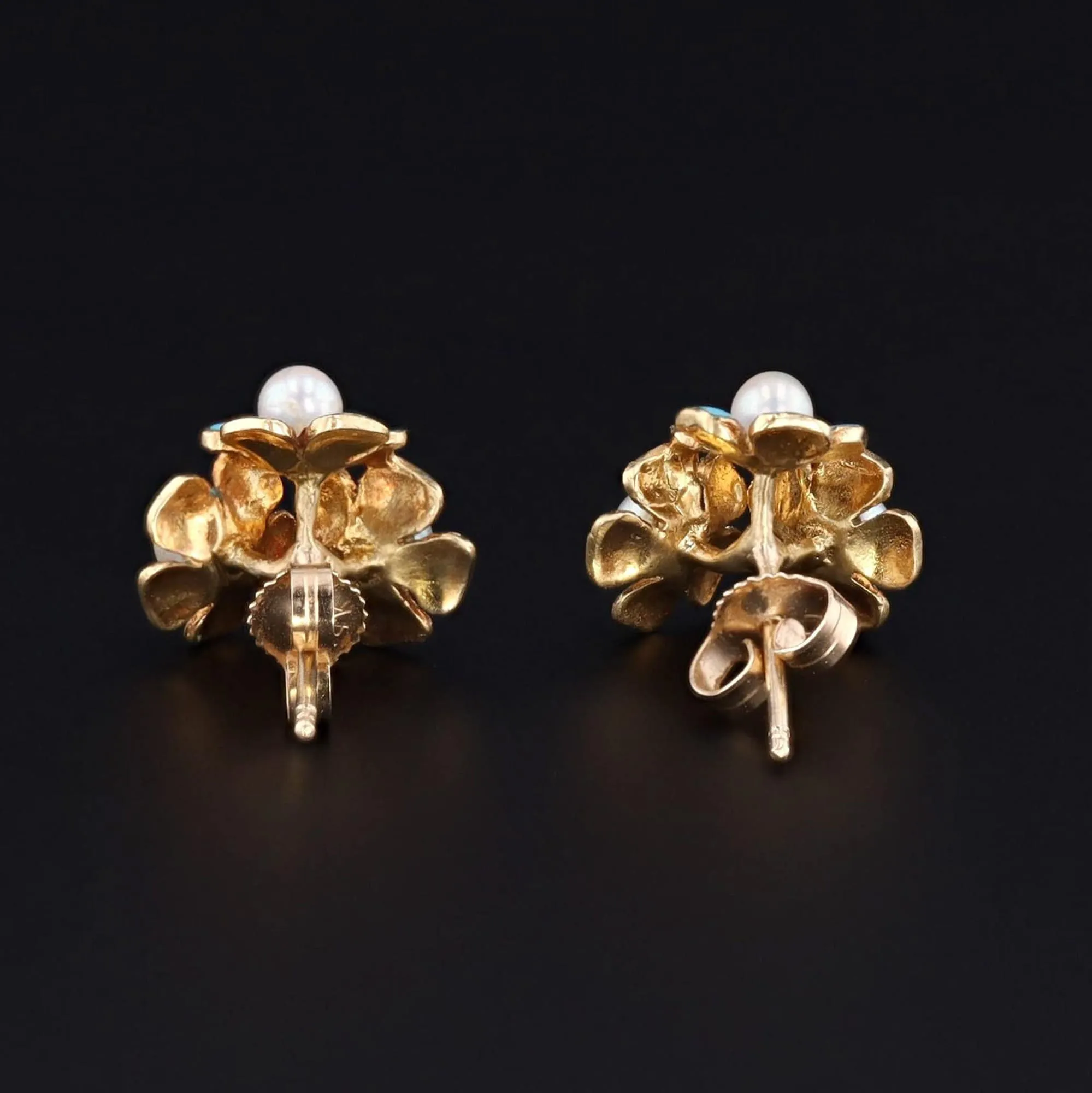 Vintage Enamel Forget-Me-Not Conversion Earrings of 14k Gold