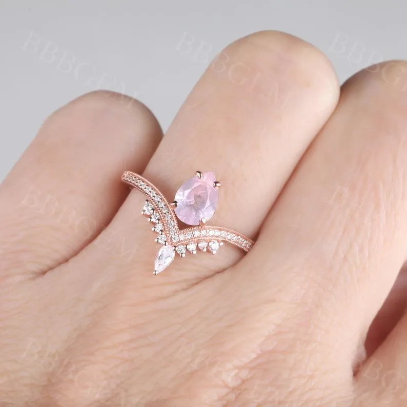 Vintage Pear Cut Rose Quartz Engagement Ring Moissanite Wedding Band