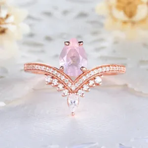 Vintage Pear Cut Rose Quartz Engagement Ring Moissanite Wedding Band