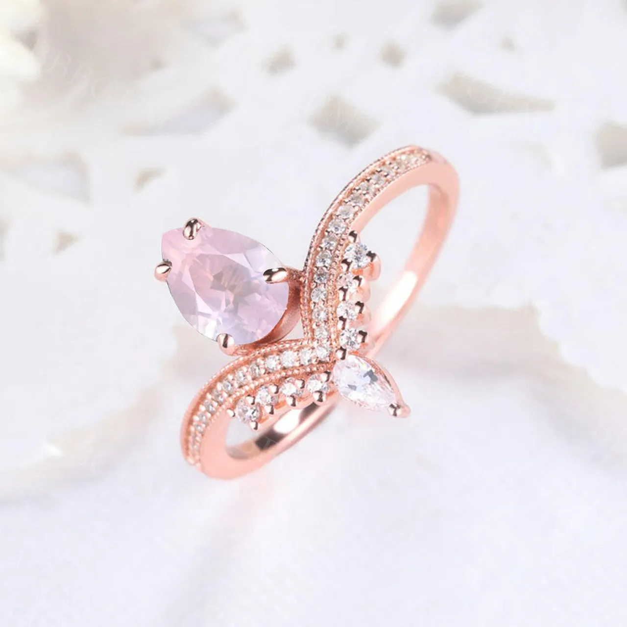 Vintage Pear Cut Rose Quartz Engagement Ring Moissanite Wedding Band