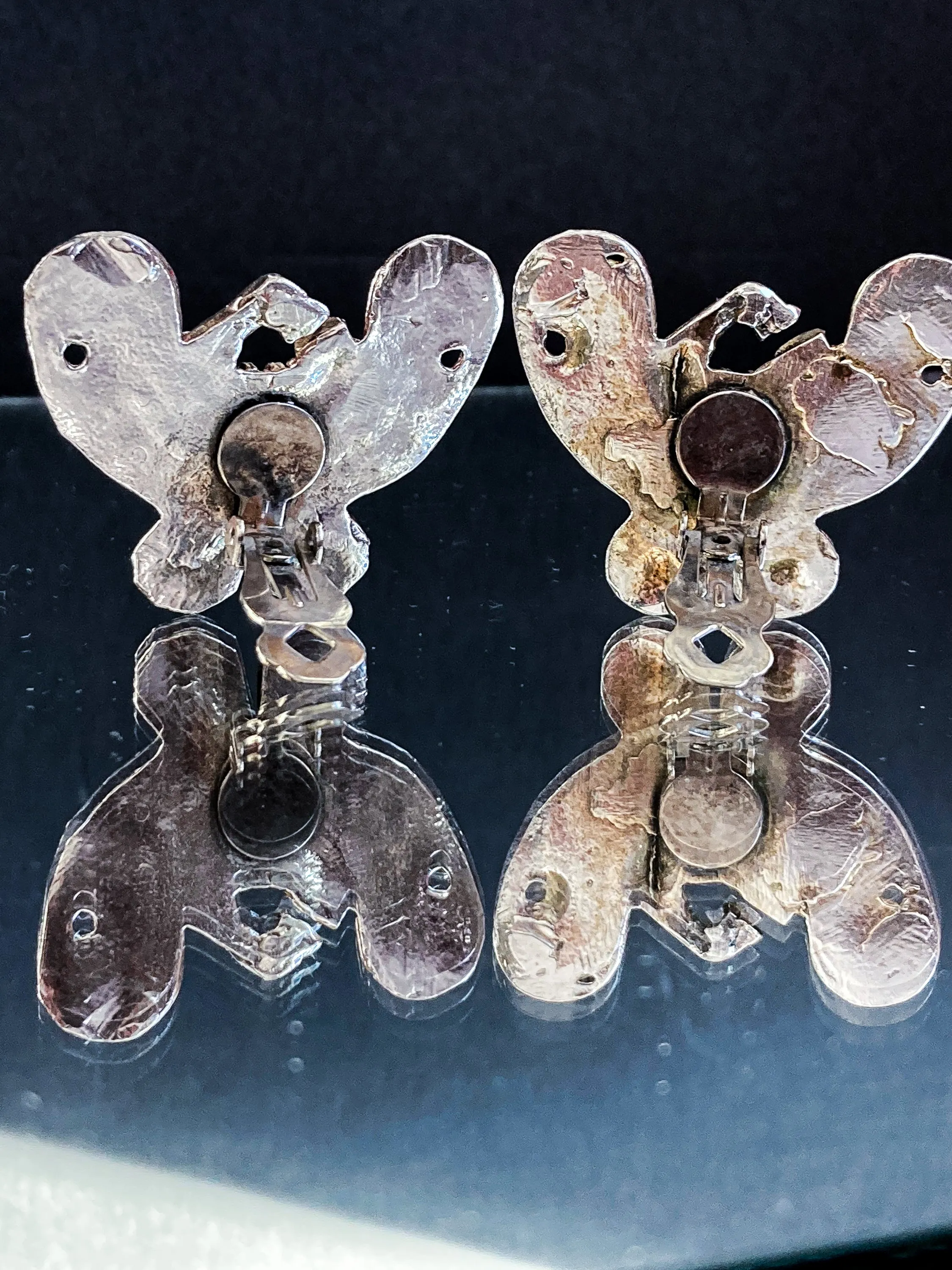 Vintage Pre-Columbian Style Silver Toned Geometric Clip On Earrings