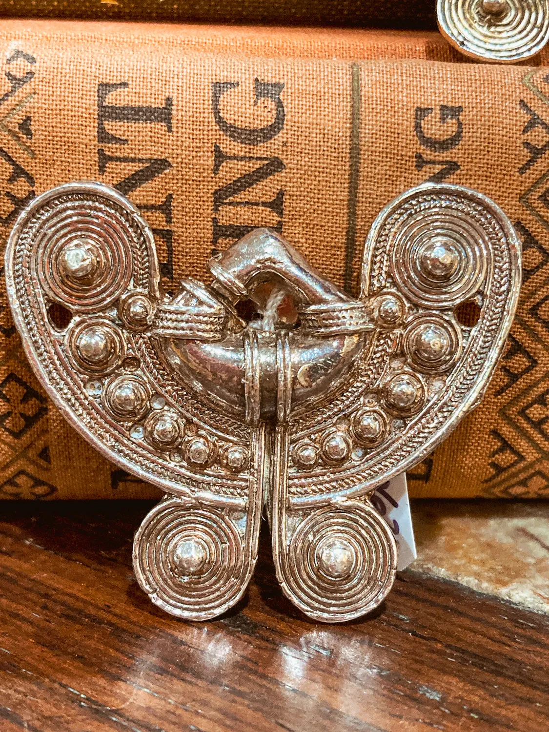 Vintage Pre-Columbian Style Silver Toned Geometric Clip On Earrings