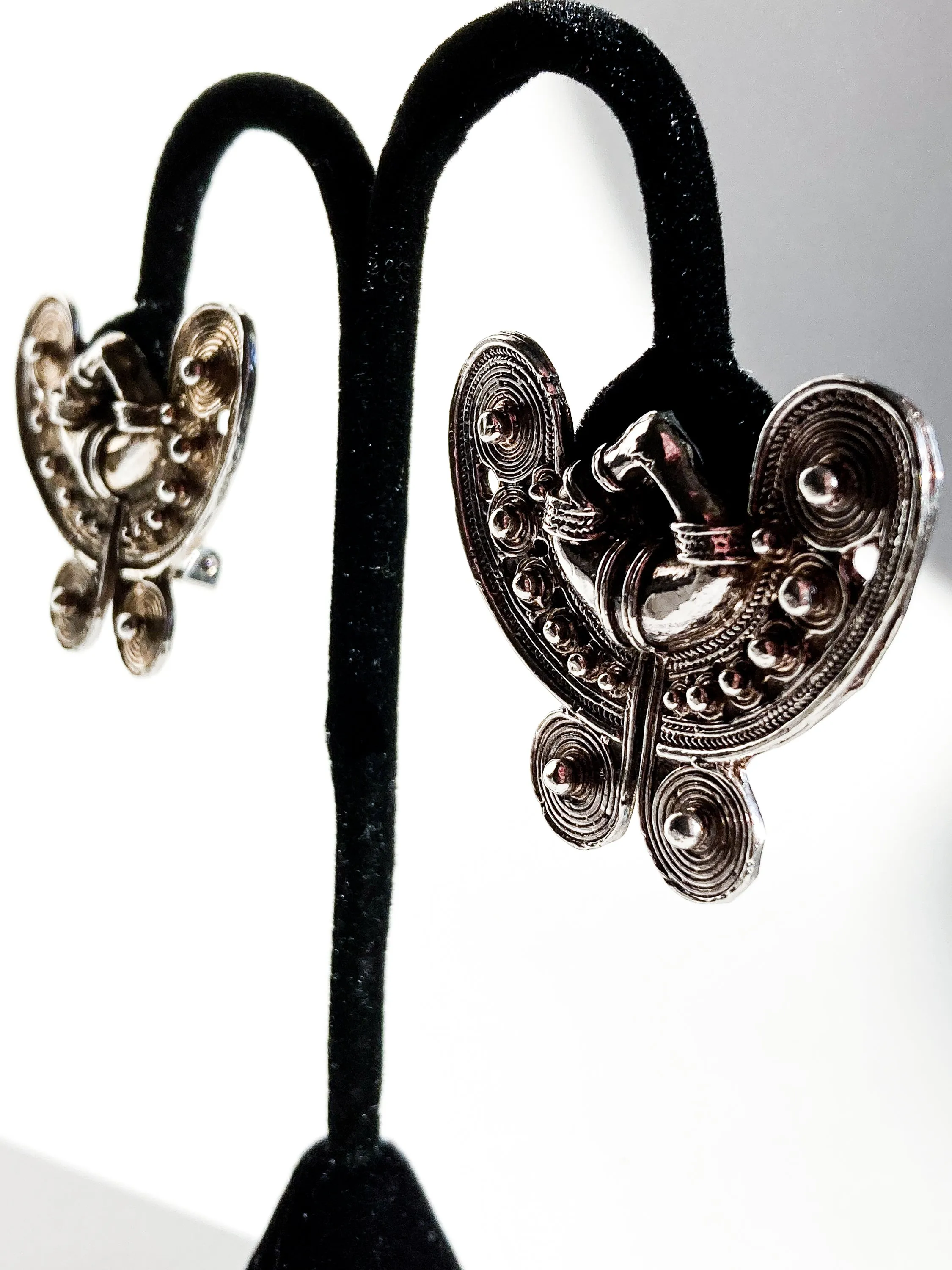 Vintage Pre-Columbian Style Silver Toned Geometric Clip On Earrings