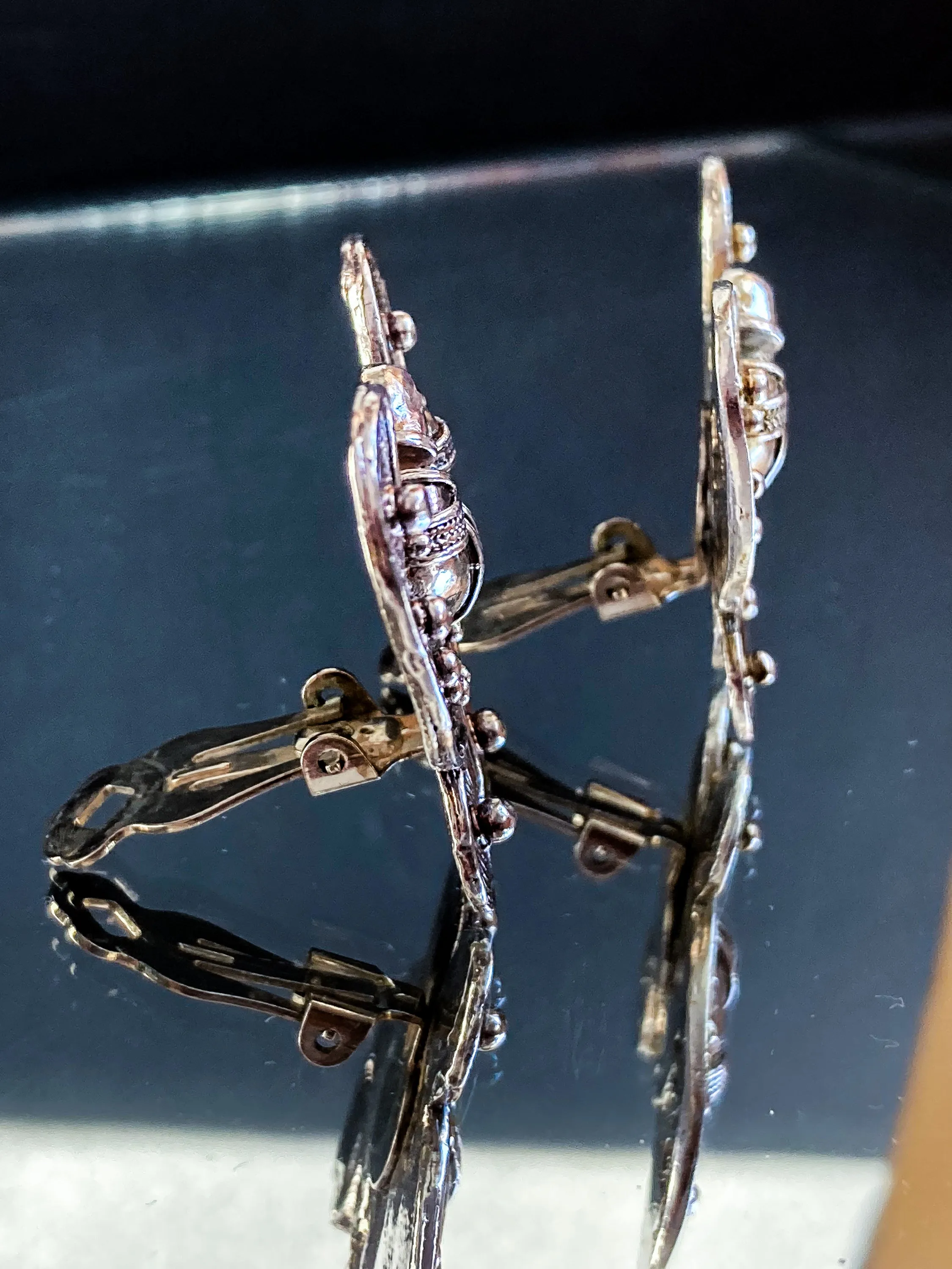 Vintage Pre-Columbian Style Silver Toned Geometric Clip On Earrings