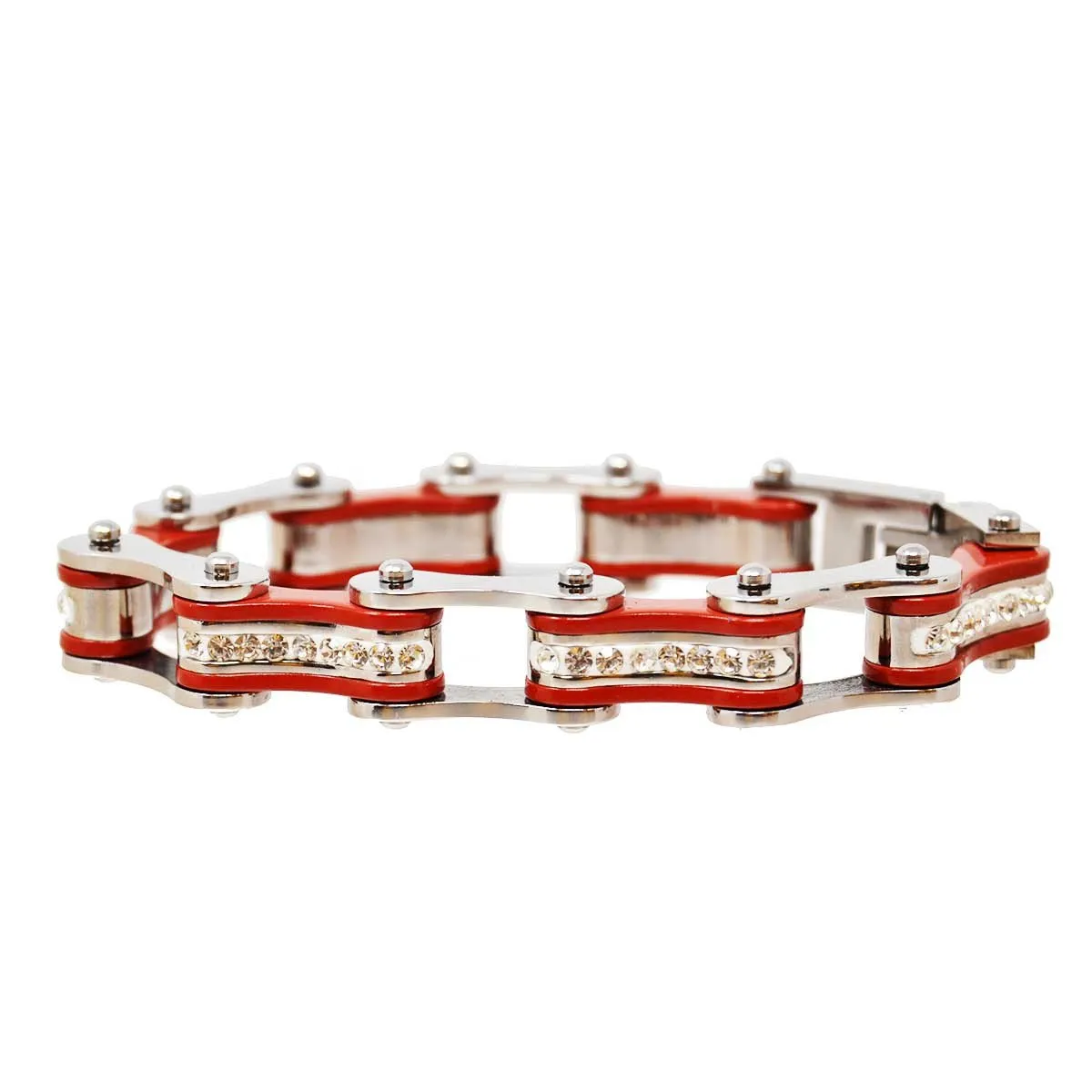 VJ1101 Two Tone Silver and Red Ladies Bike Chain Bracelet with White Crystal Centers
