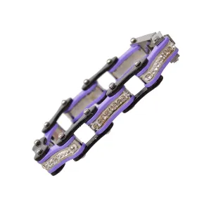 VJ1109 Two Tone Black and Purple Ladies Bike Chain Bracelet with White Crystal Centers