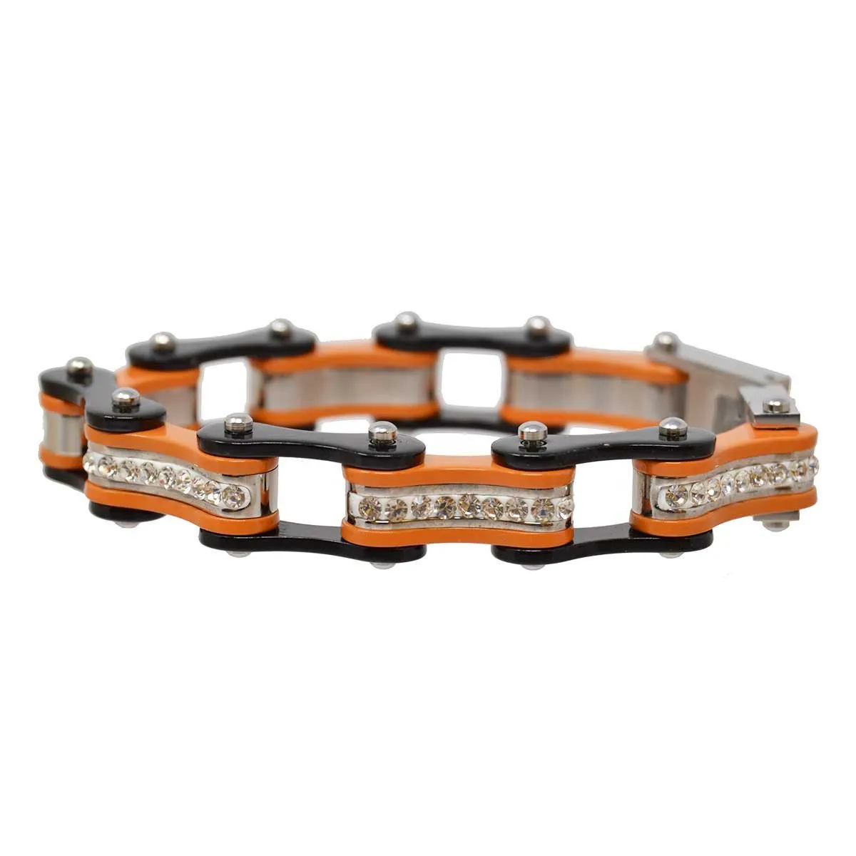VJ1112 Two Tone Black and Orange Ladies Bike Chain Bracelet with White Crystal Centers