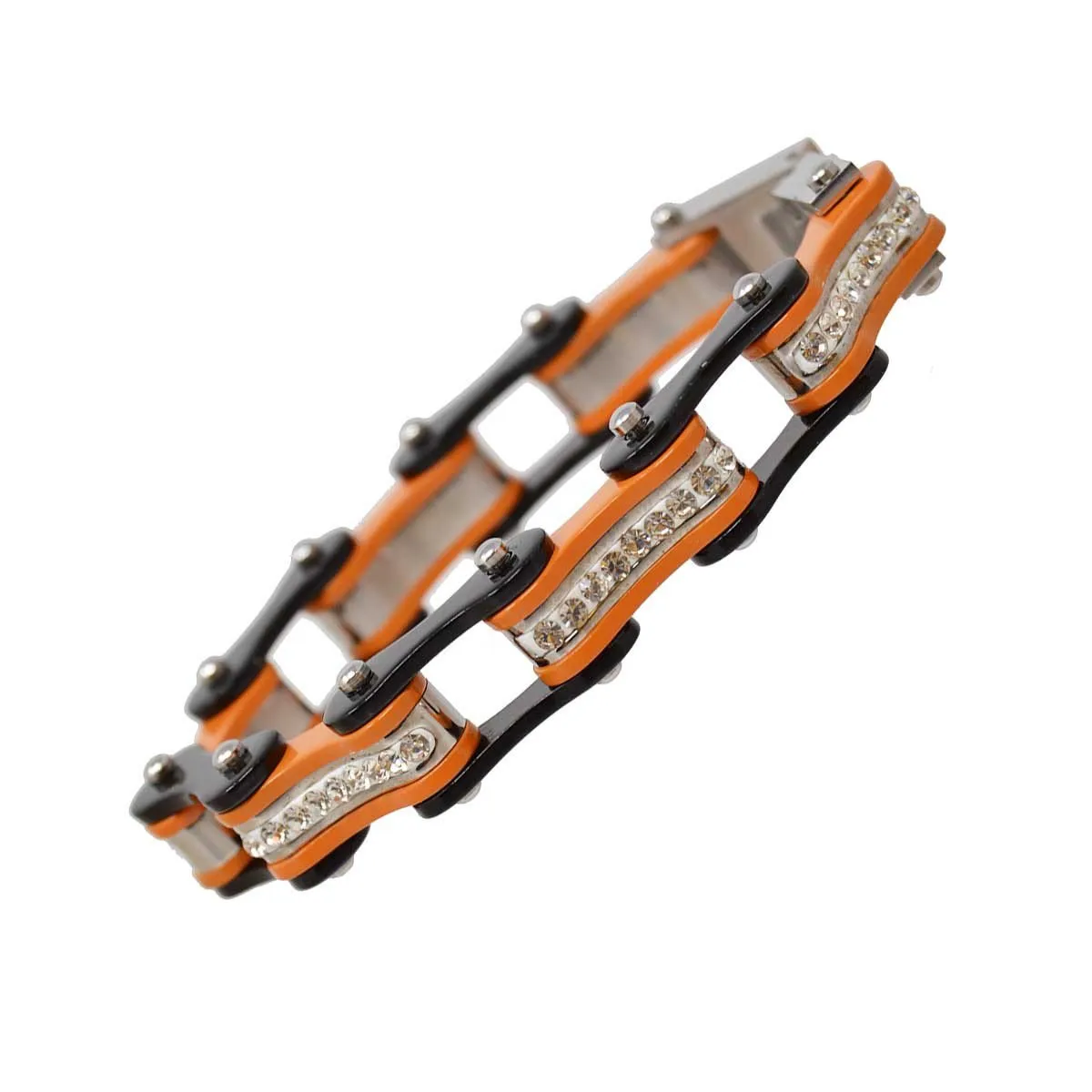 VJ1112 Two Tone Black and Orange Ladies Bike Chain Bracelet with White Crystal Centers