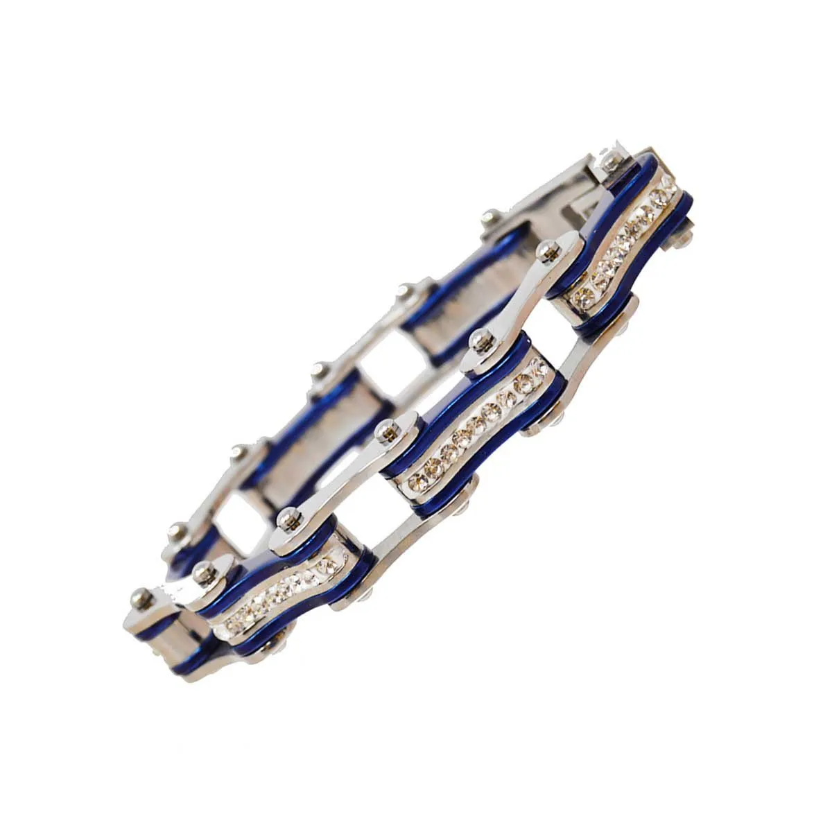 VJ1115 Two Tone Silver and Candy Blue Ladies Bike Chain Bracelet with White Crystal Centers