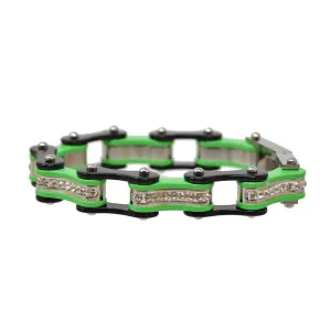 VJ1120 Two Tone Black and Lime Green Ladies Bike Chain Bracelet with White Crystal Centers
