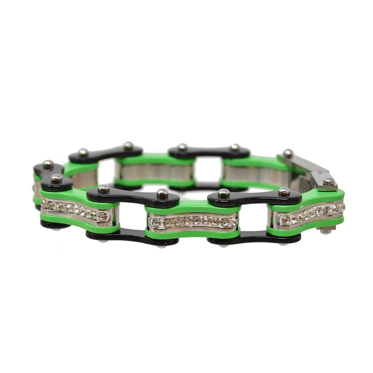 VJ1120 Two Tone Black and Lime Green Ladies Bike Chain Bracelet with White Crystal Centers