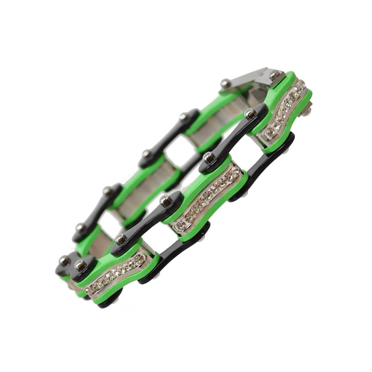 VJ1120 Two Tone Black and Lime Green Ladies Bike Chain Bracelet with White Crystal Centers