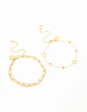 Waterproof Gold Plated Stainless Steel Hollow Flower Chain Bracelets 2-Pack