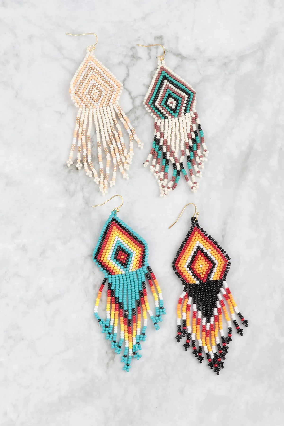 WESTERN SEED BEAD GEOMETRIC FRINGE EARRINGS