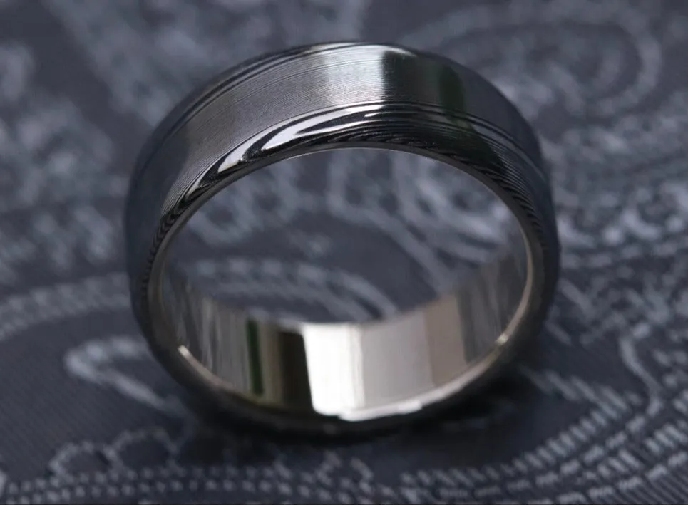 White Gold & Stainless Damascus  14k 18k customizable stainless damascus steel ring gold ring
