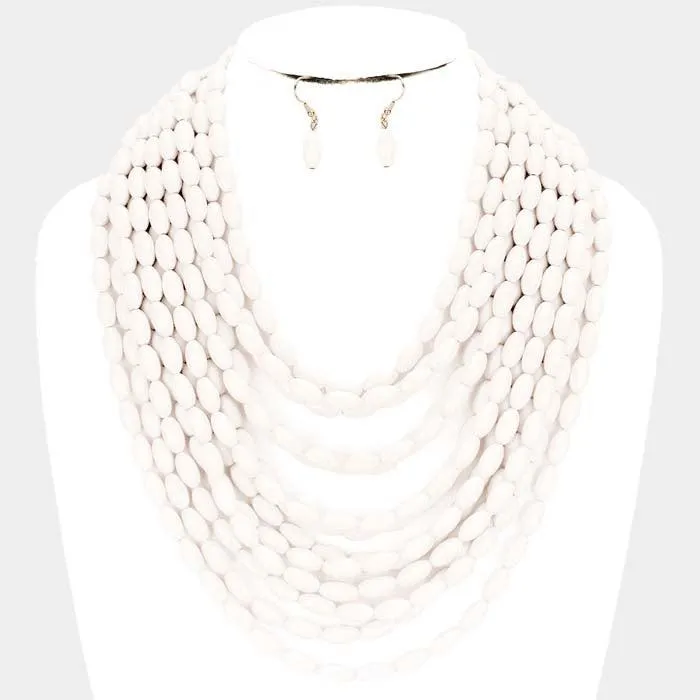 White Multi Strand Oval Resin Bead Necklace Set