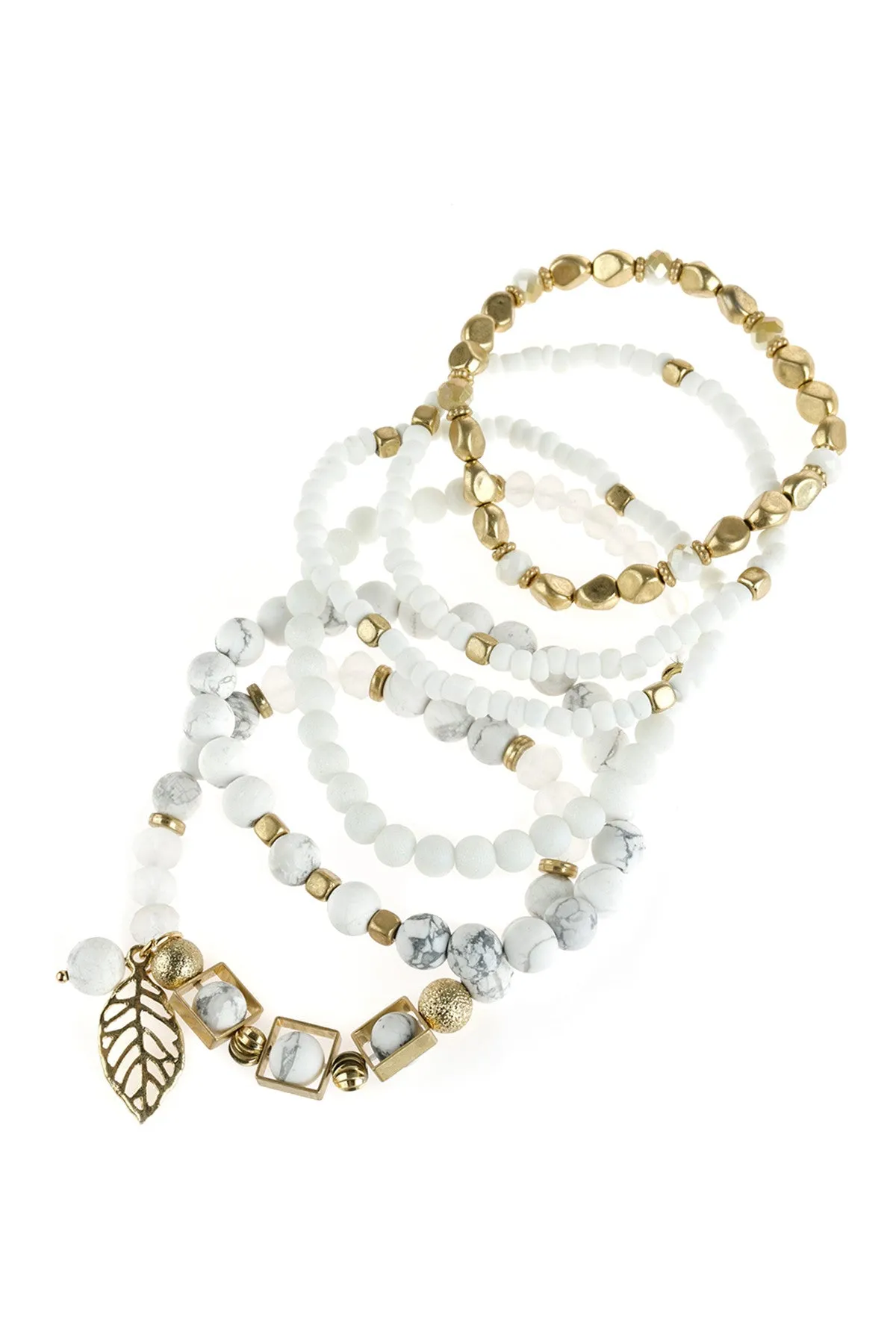 White Natural Stone Mixed Beads Leaf Charm Bracelet - Pack of 6