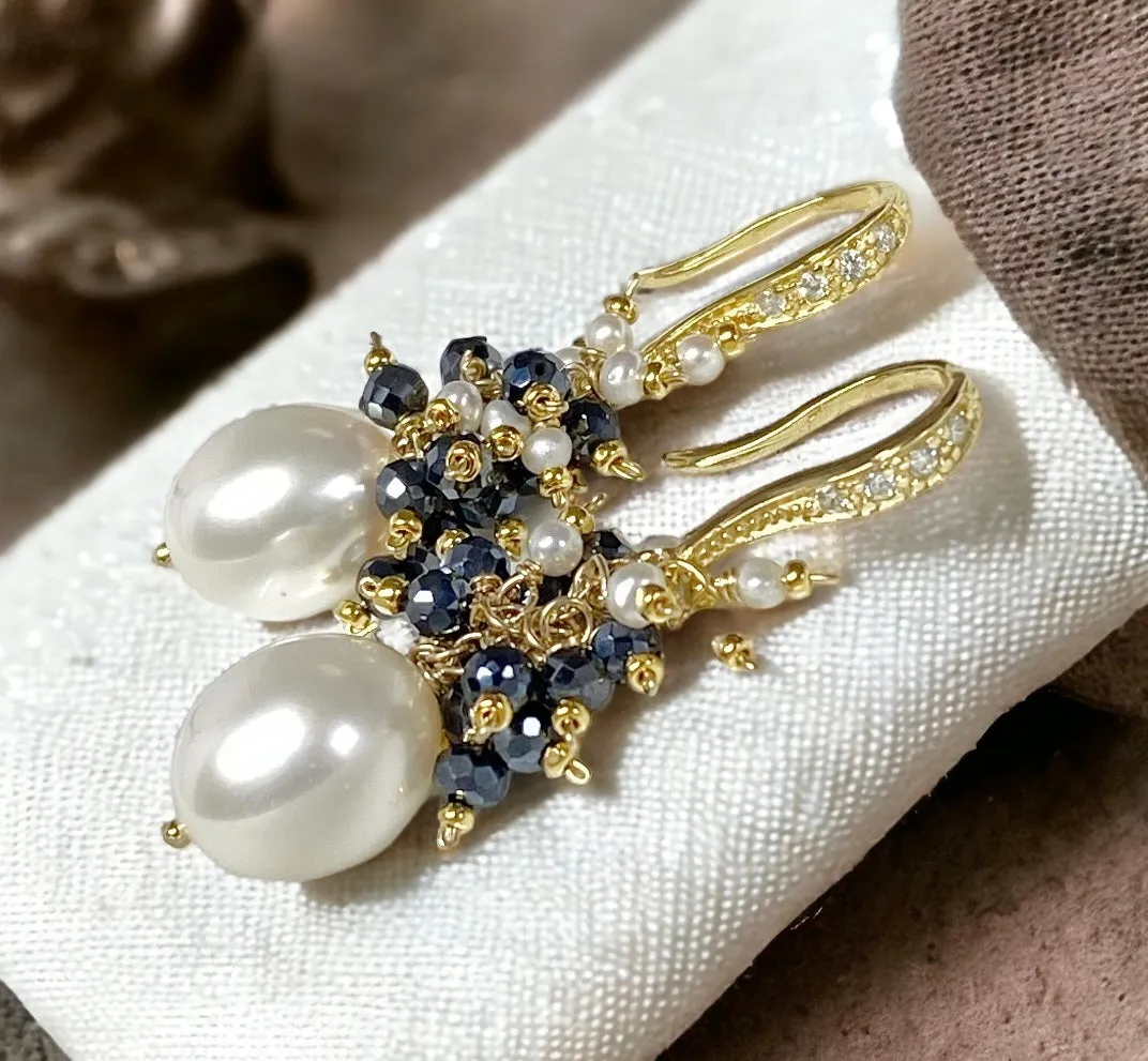 White Pearl Black Spinel Cluster Earrings Gold