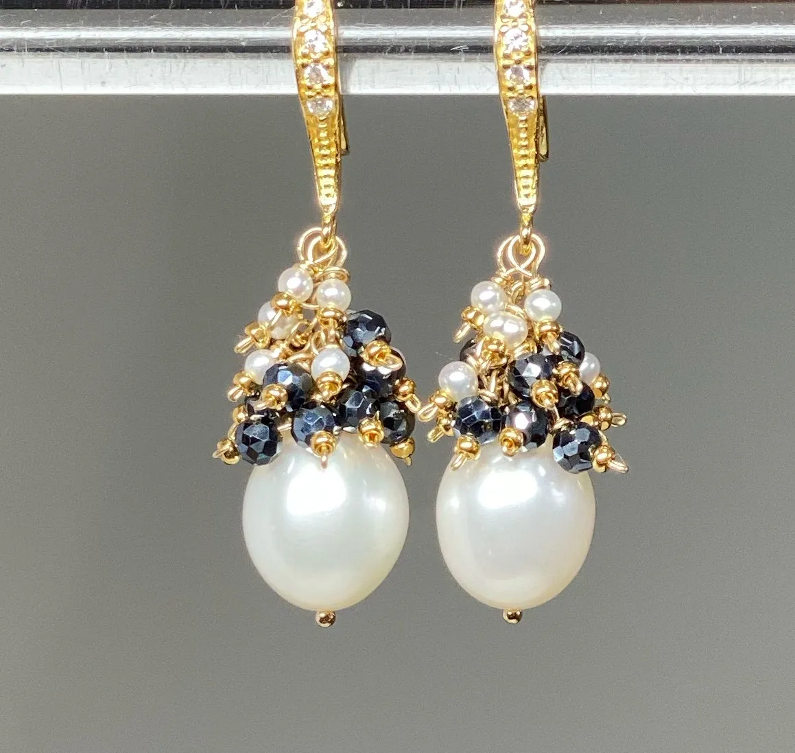 White Pearl Black Spinel Cluster Earrings Gold