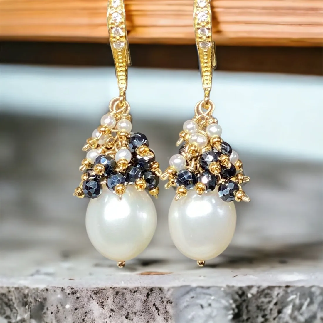 White Pearl Black Spinel Cluster Earrings Gold