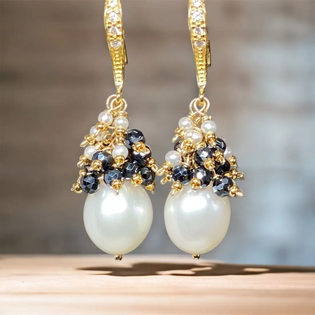 White Pearl Black Spinel Cluster Earrings Gold