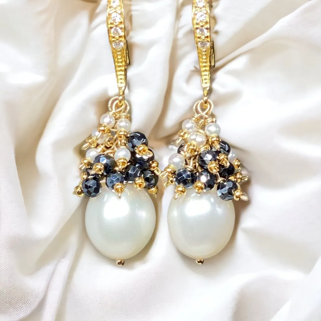 White Pearl Black Spinel Cluster Earrings Gold