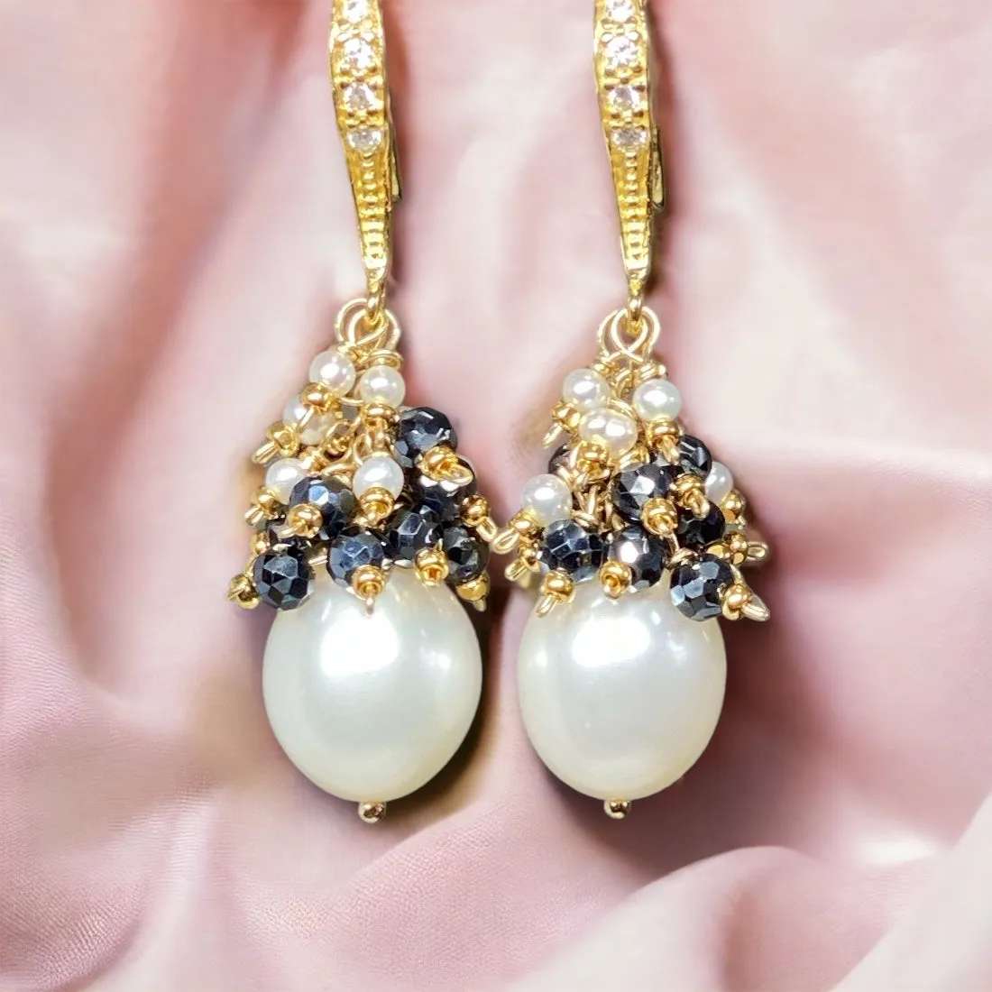 White Pearl Black Spinel Cluster Earrings Gold