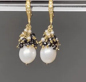 White Pearl Black Spinel Cluster Earrings Gold