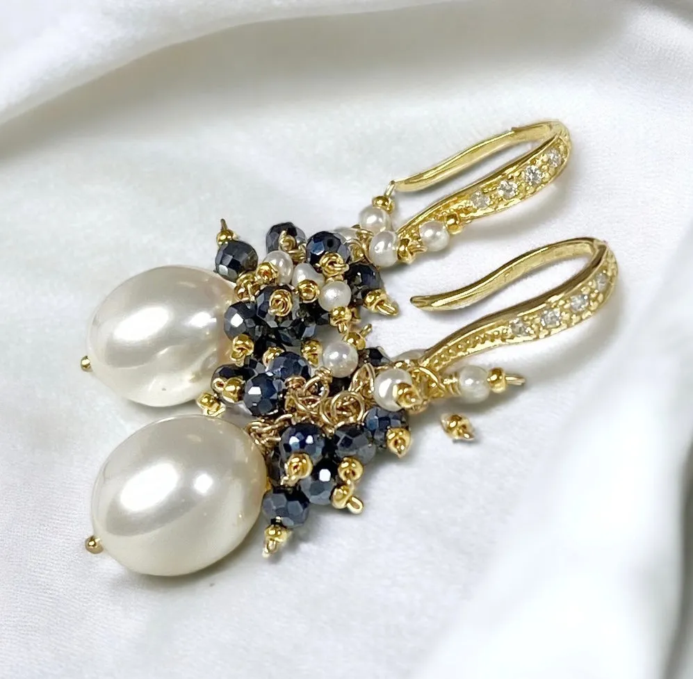 White Pearl Black Spinel Cluster Earrings Gold