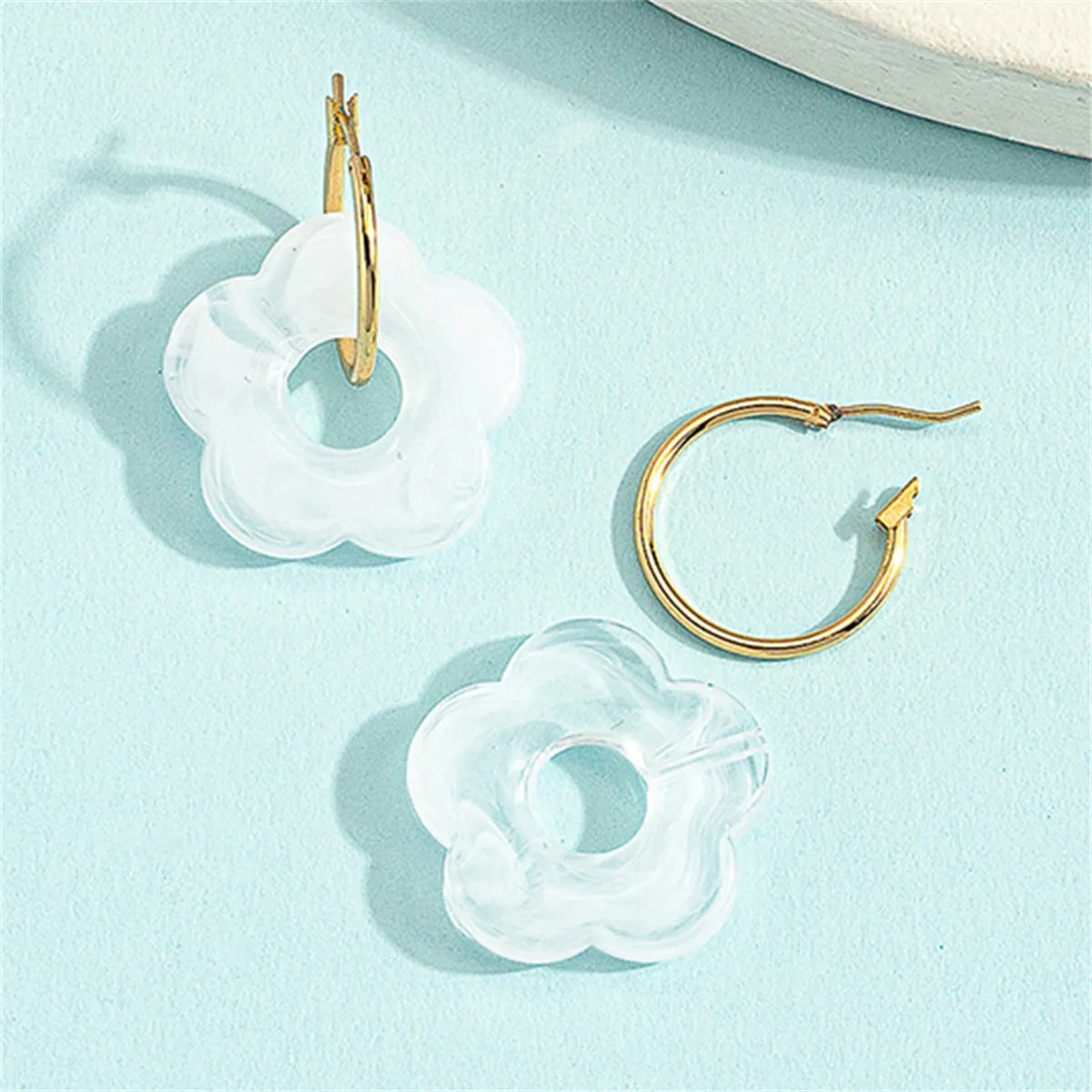 White Resin & 18K Gold-Plated Floral Huggie Earrings