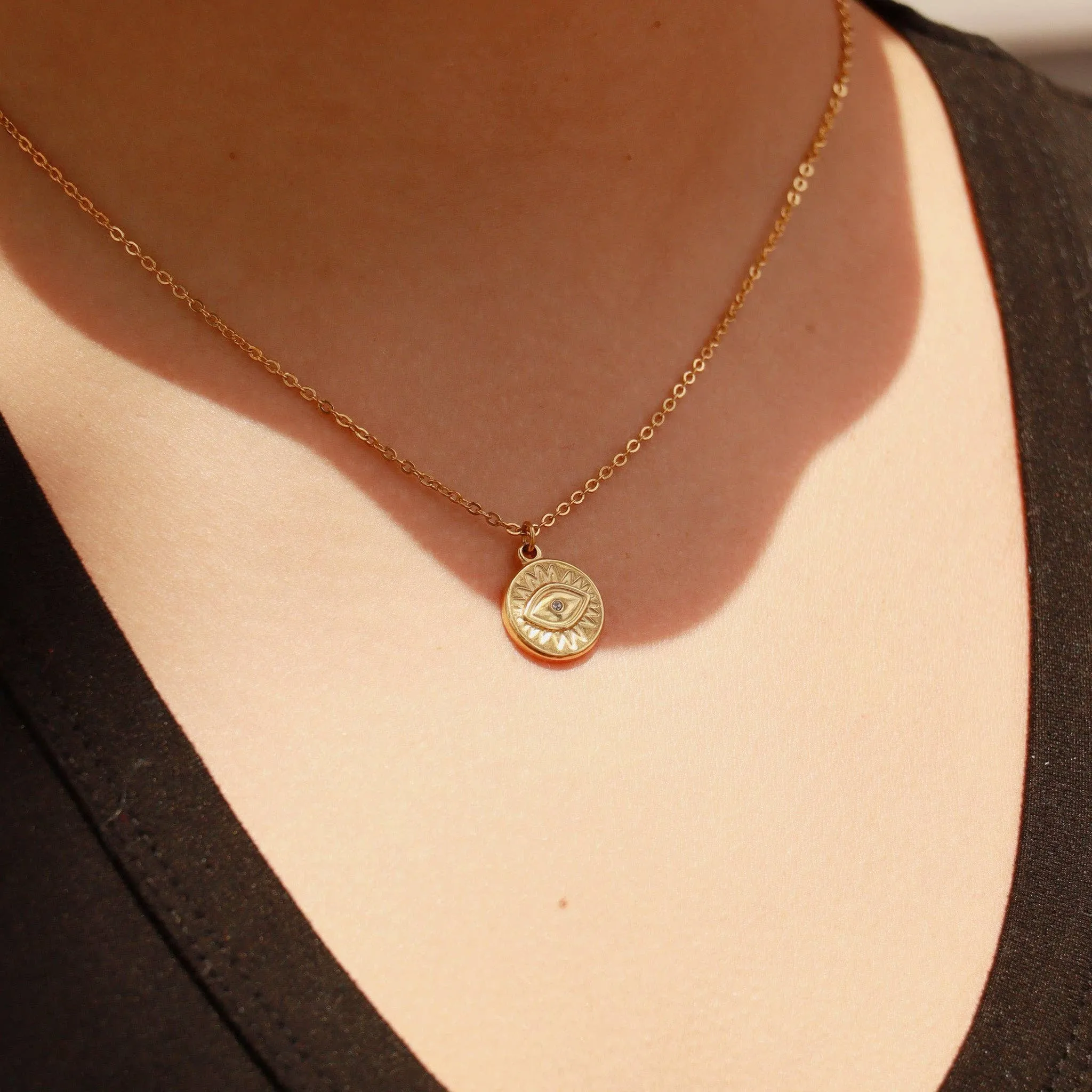 WJW - 18K Gold PVD Stainless Steel Crystal Evil Eye Sun Disc Charm