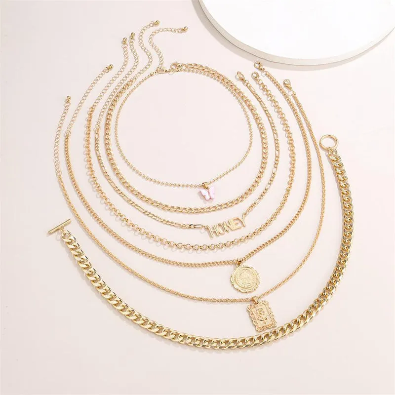 Women's 7pcs/Set Butterfly Honey OT Buckle Rose Coin Necklaces