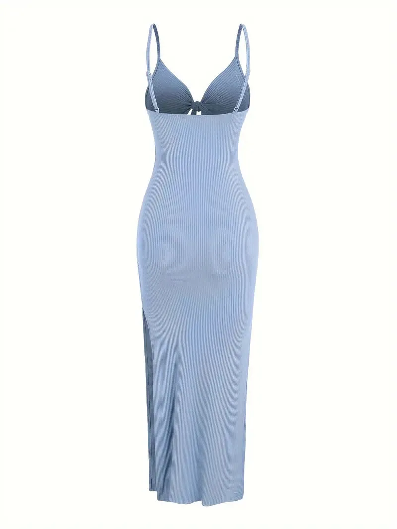 Women's Summer Sexy Dress - V-neck, Tie-up, Hollow-out, Strappy, Slim Fit, Slit, Backless, Summer Party & Holiday Outfit  C-240702-2