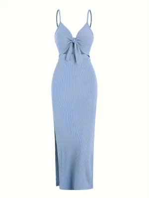 Women's Summer Sexy Dress - V-neck, Tie-up, Hollow-out, Strappy, Slim Fit, Slit, Backless, Summer Party & Holiday Outfit  C-240702-2