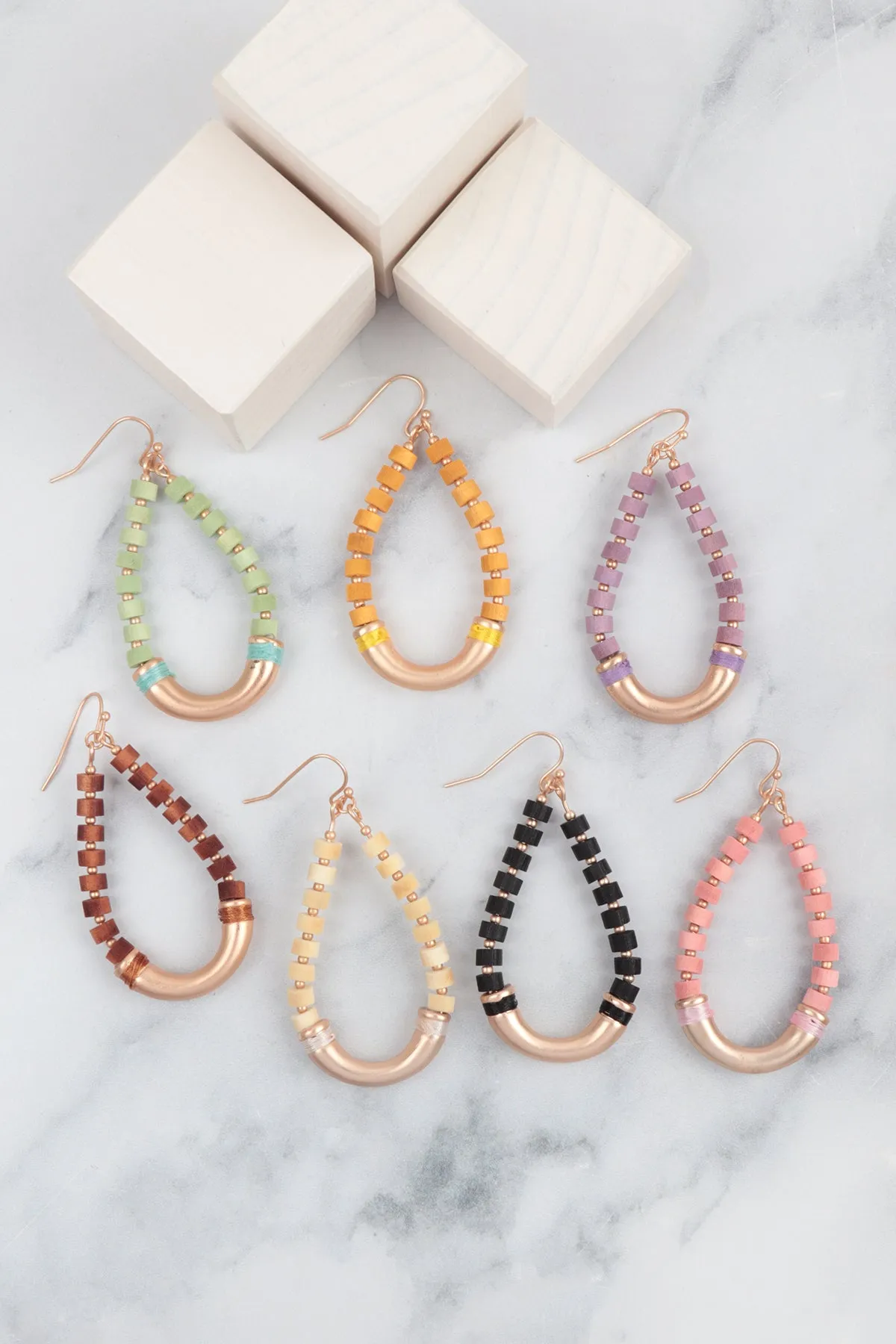 WOOD BEADED METAL TEARDROP EARRINGS