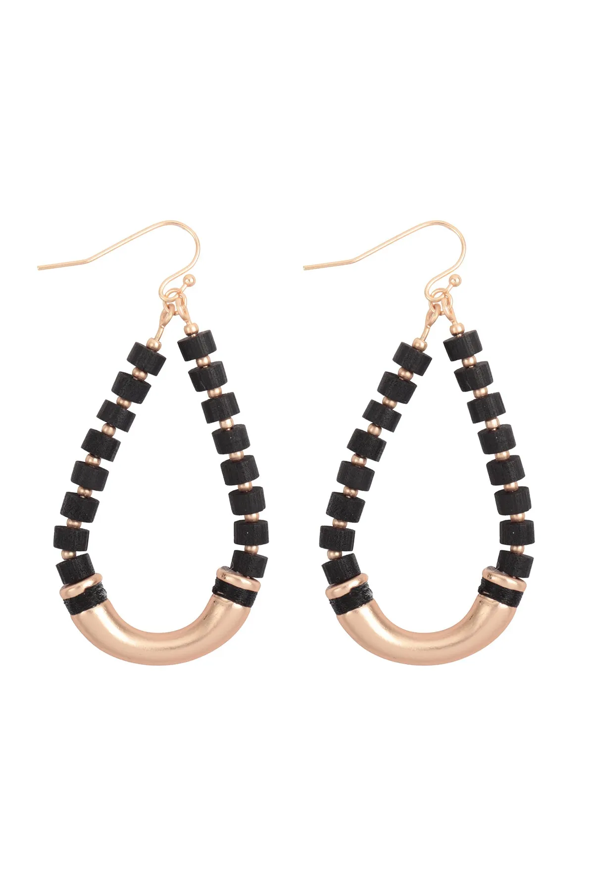 WOOD BEADED METAL TEARDROP EARRINGS