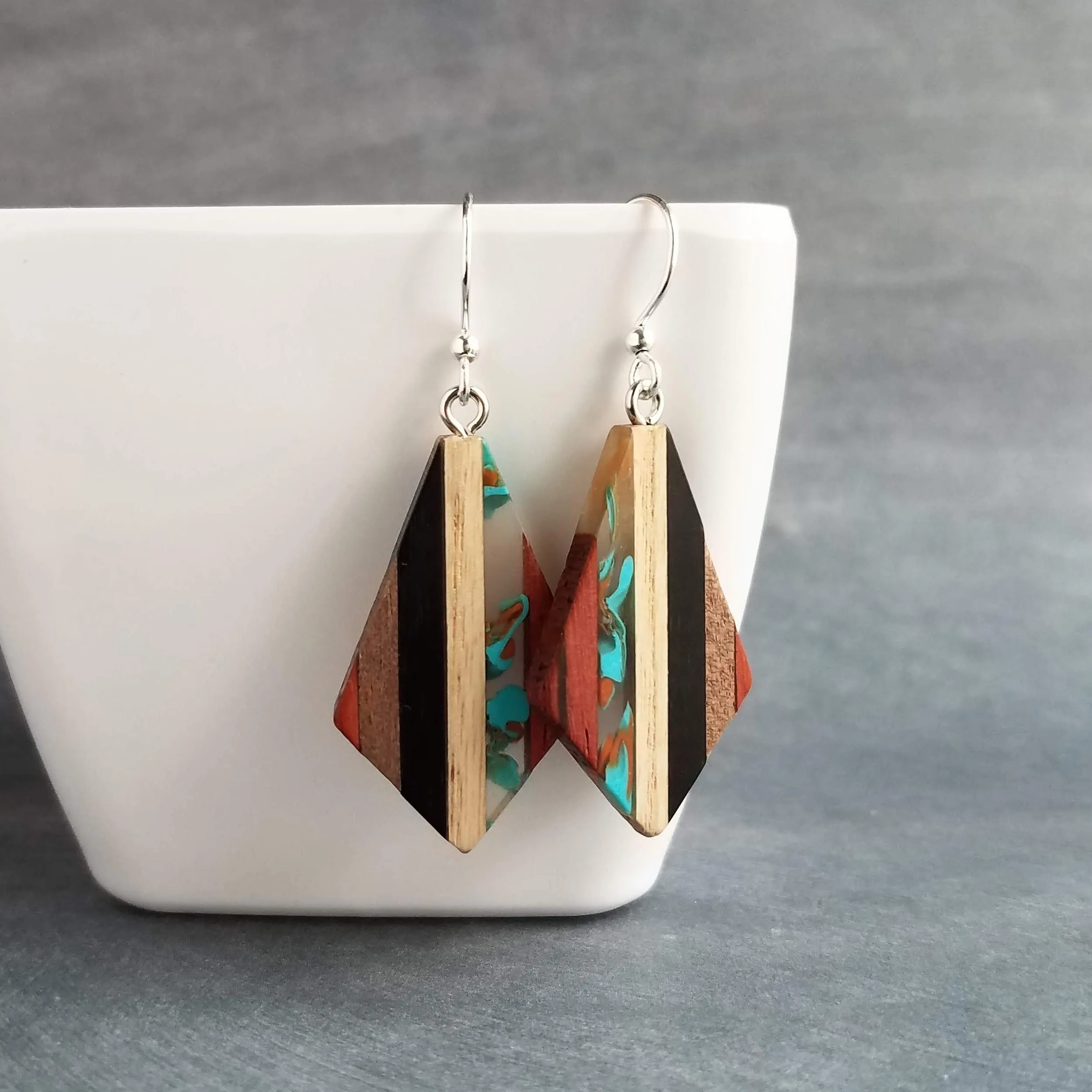 Wood Resin Stripe Earrings, natural wood strips, turquoise swirls, black brown rust wood tones, stainless steel hook upgrade, sterling silver hook upgrade, kite shaped earring, lightweight wood earrings, clear resin