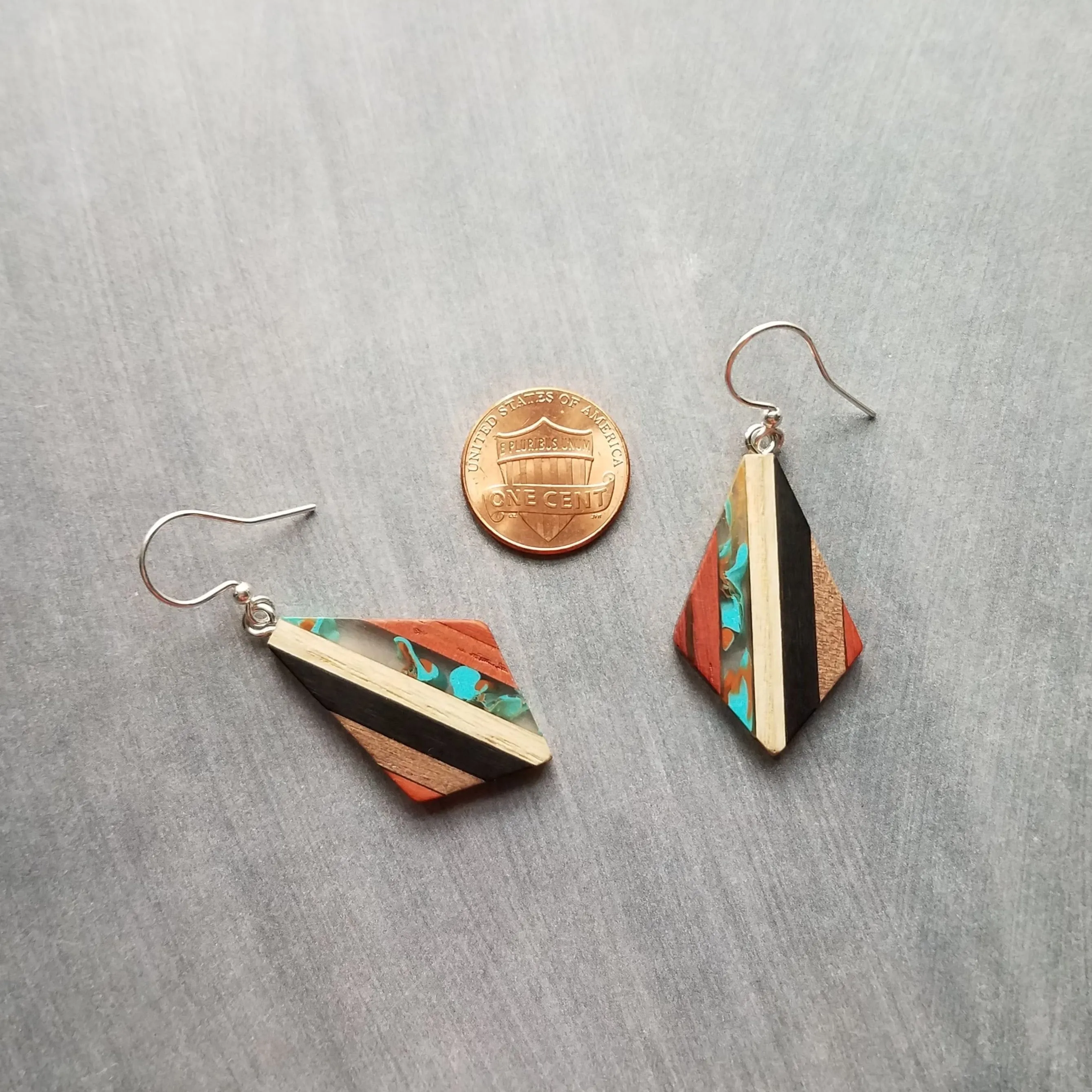 Wood Resin Stripe Earrings, natural wood strips, turquoise swirls, black brown rust wood tones, stainless steel hook upgrade, sterling silver hook upgrade, kite shaped earring, lightweight wood earrings, clear resin