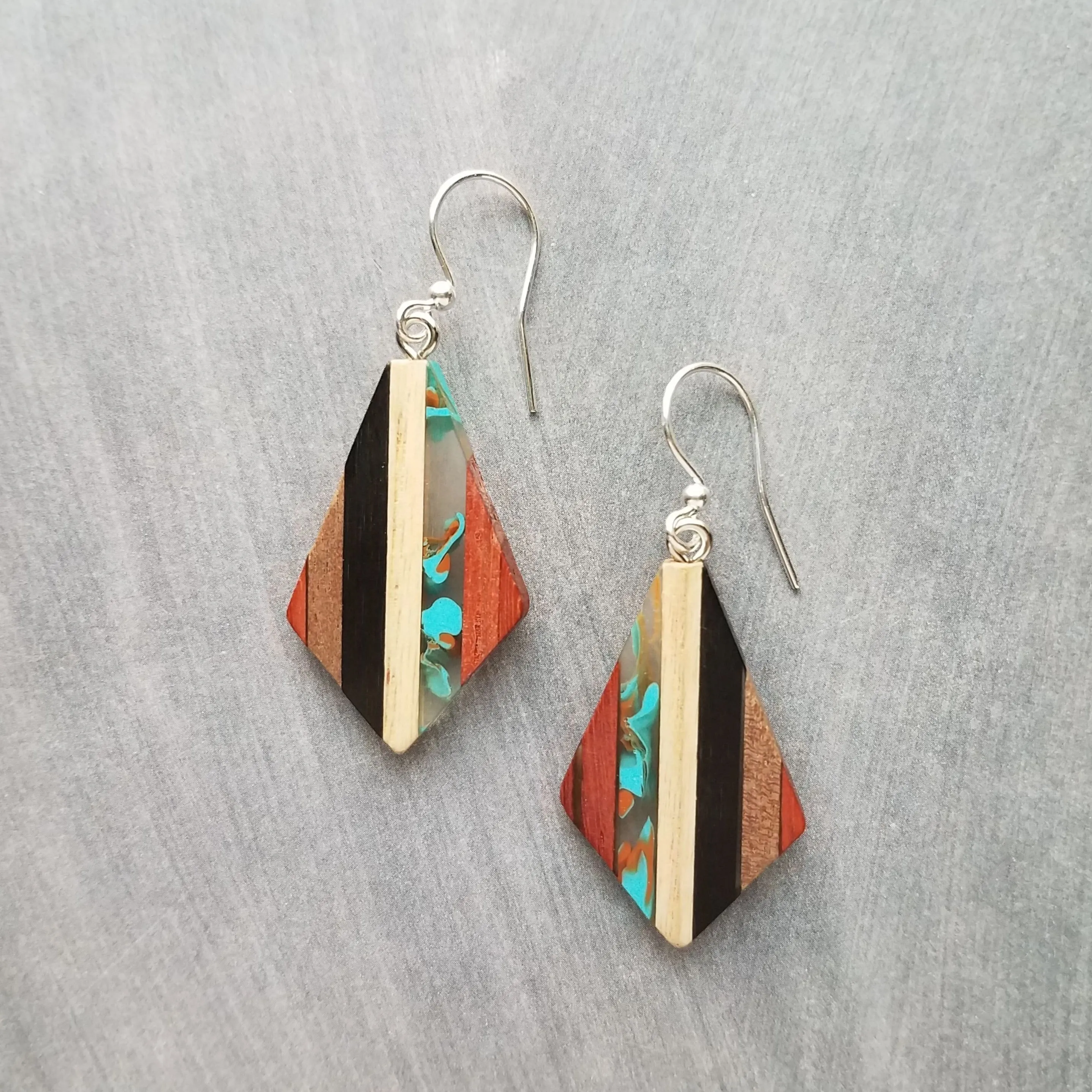 Wood Resin Stripe Earrings, natural wood strips, turquoise swirls, black brown rust wood tones, stainless steel hook upgrade, sterling silver hook upgrade, kite shaped earring, lightweight wood earrings, clear resin