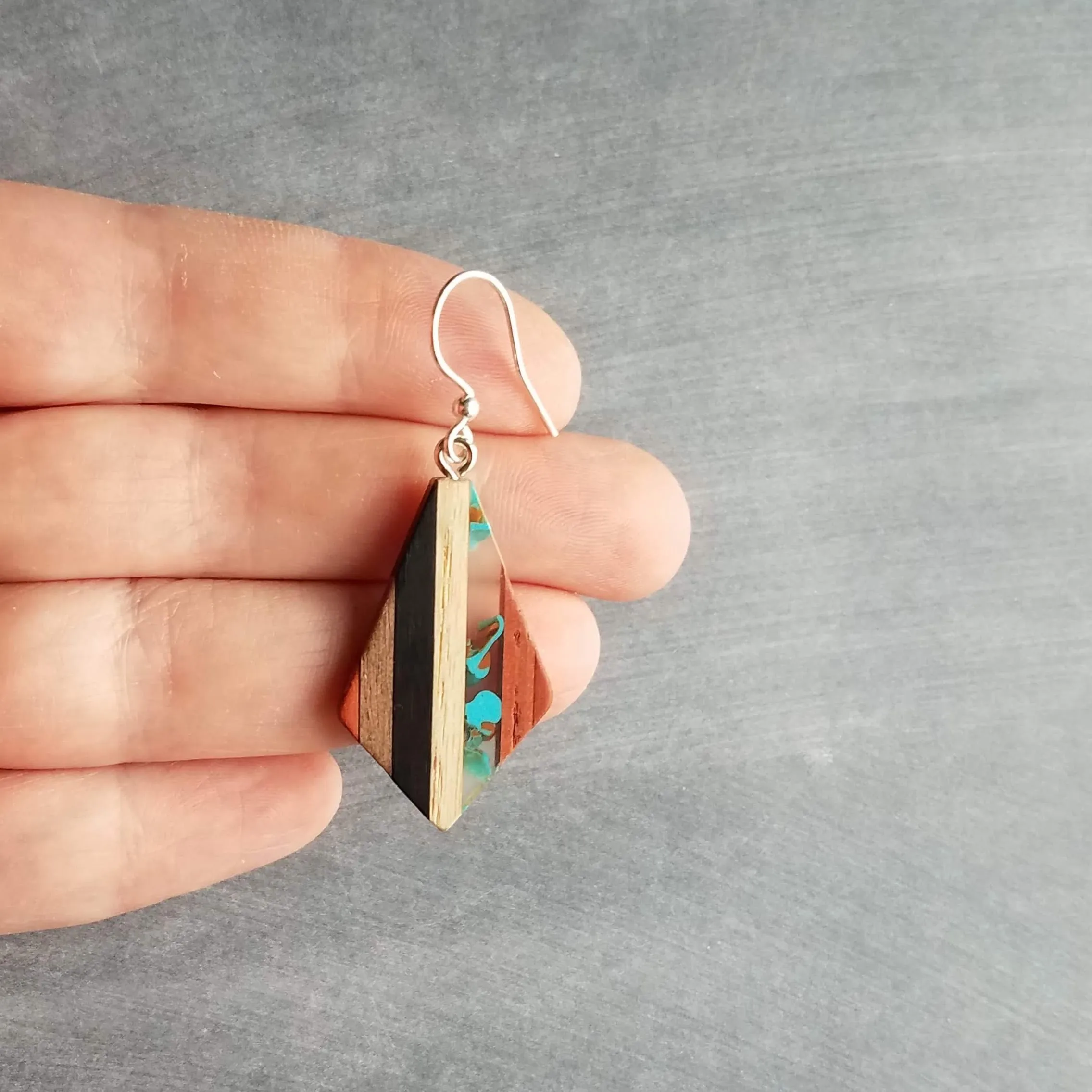 Wood Resin Stripe Earrings, natural wood strips, turquoise swirls, black brown rust wood tones, stainless steel hook upgrade, sterling silver hook upgrade, kite shaped earring, lightweight wood earrings, clear resin