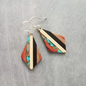 Wood Resin Stripe Earrings, natural wood strips, turquoise swirls, black brown rust wood tones, stainless steel hook upgrade, sterling silver hook upgrade, kite shaped earring, lightweight wood earrings, clear resin