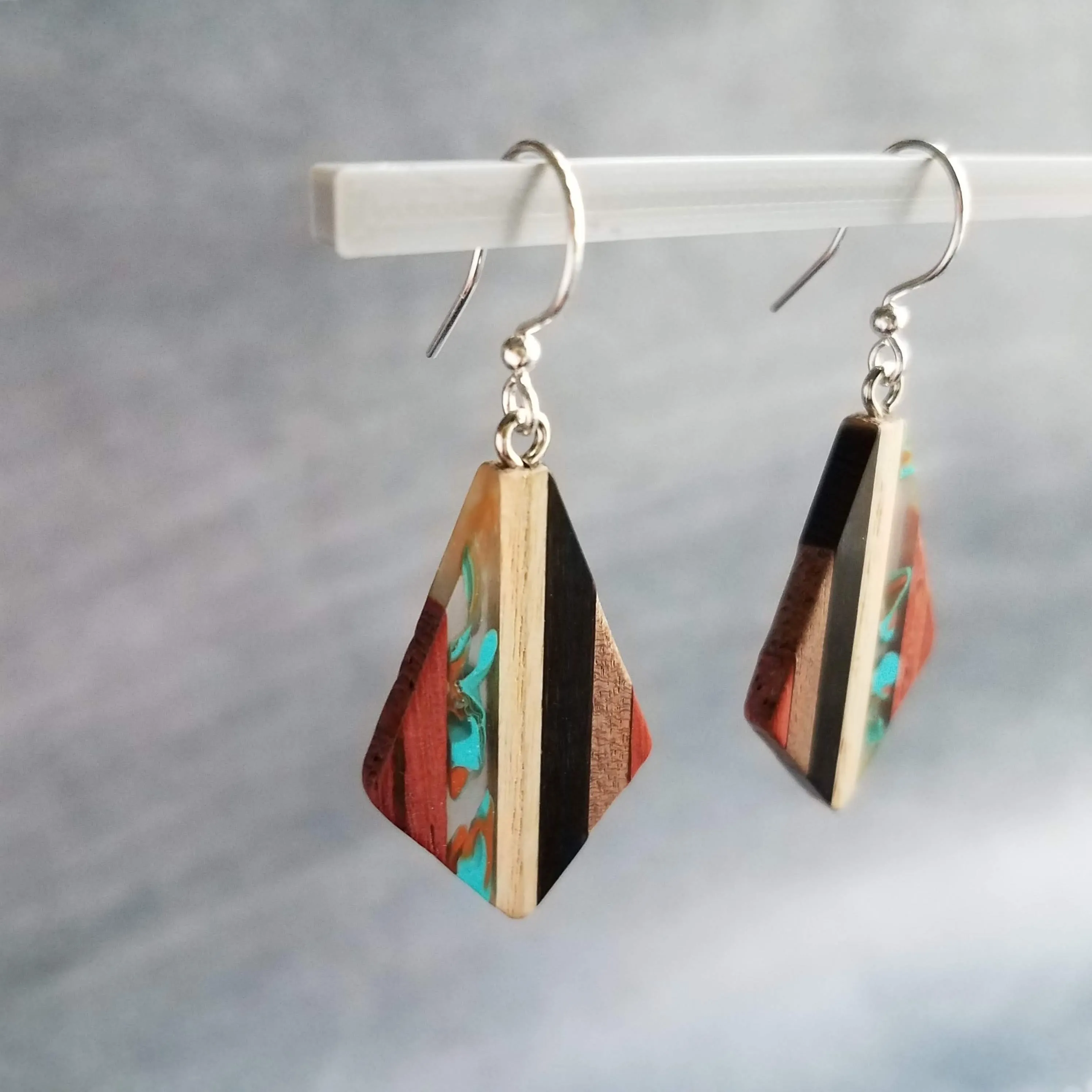 Wood Resin Stripe Earrings, natural wood strips, turquoise swirls, black brown rust wood tones, stainless steel hook upgrade, sterling silver hook upgrade, kite shaped earring, lightweight wood earrings, clear resin